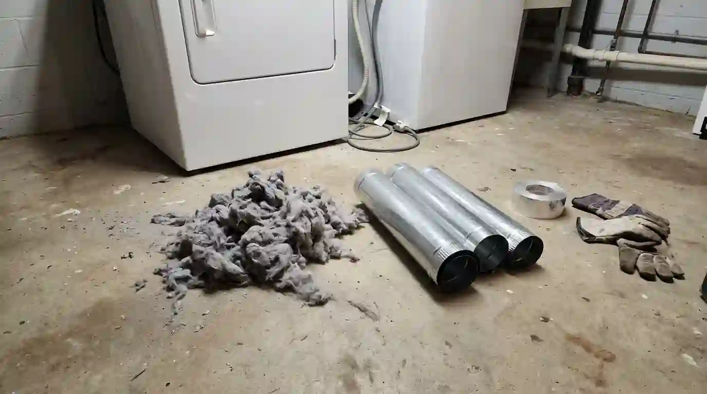 Pile of gray lint pulled from a dryer vent beside new 4 inch rigid metal duct sections on a basement laundry floor in an Indiana home