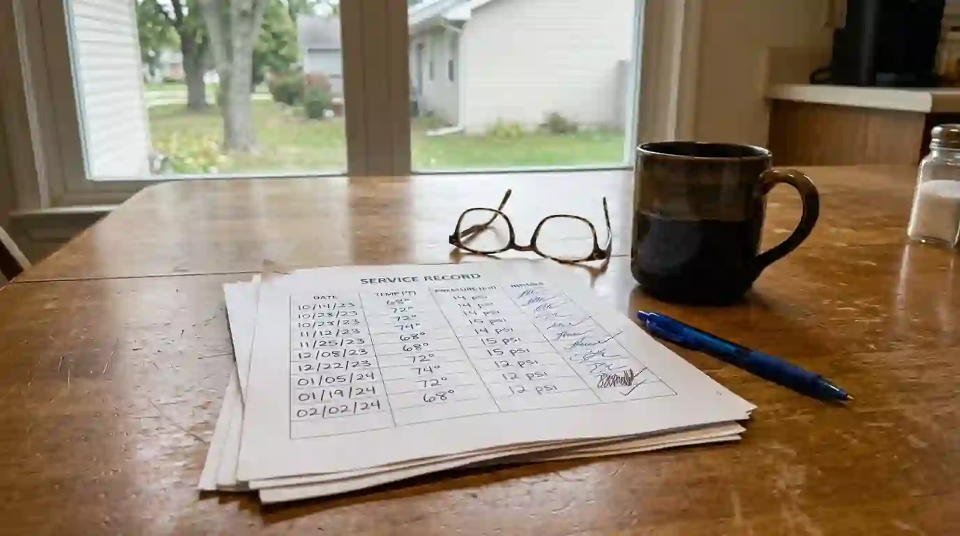 Stack of dated service record sheets with temperature and pressure readings on a kitchen table in an Indiana home, reading glasses and coffee mug nearby