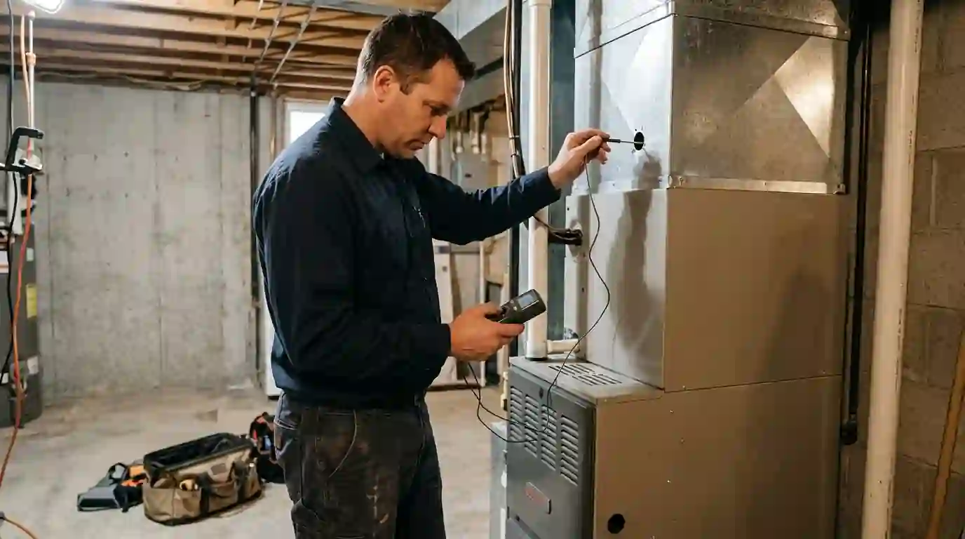 Landcons HVAC technician measuring temperature rise at a basement furnace supply plenum in a Fort Wayne, Indiana home