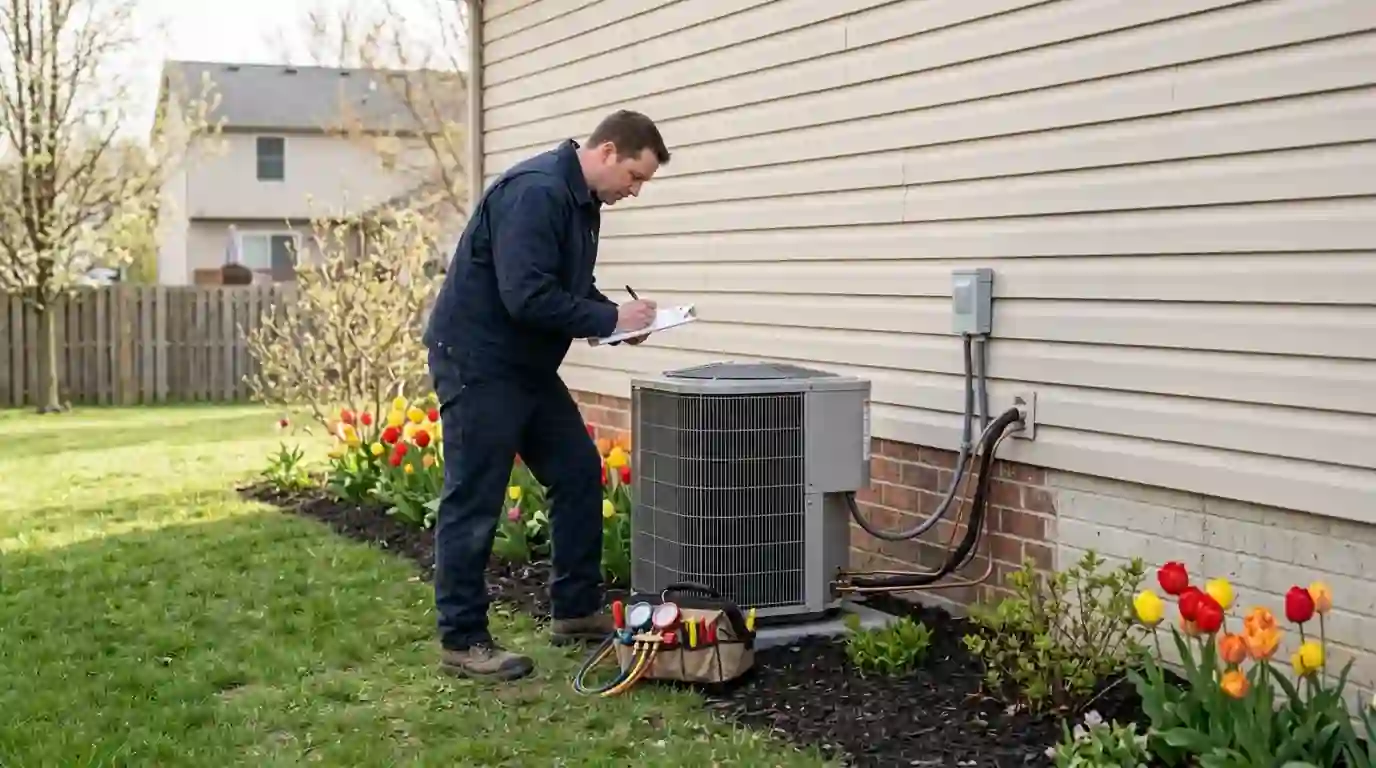 Landcons technician writing readings on a clipboard beside an outdoor AC unit at a Fort Wayne home on a mild spring morning, tulips along the foundation