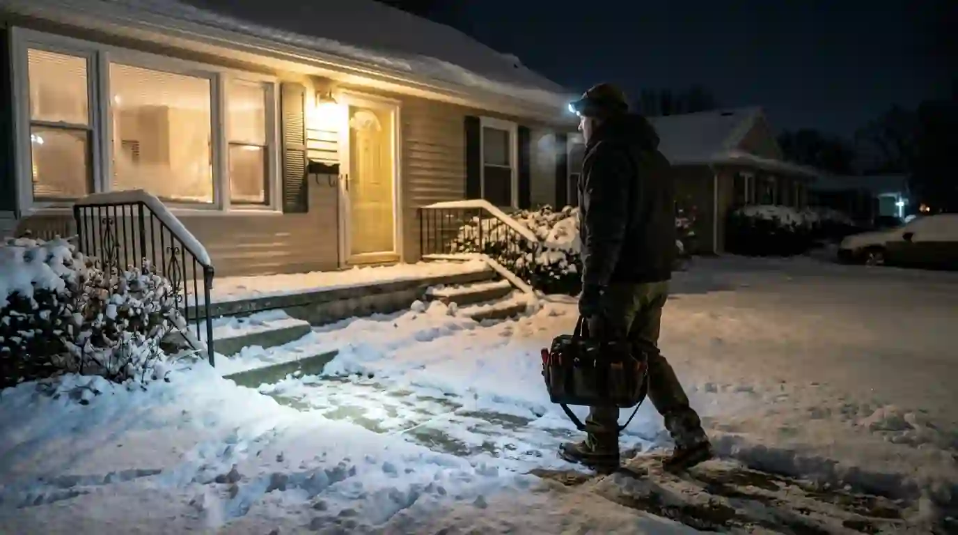 A Landcons technician with a headlamp carries a tool bag up a snowy front walk to a Fort Wayne home at night, porch light glowing and frost on the windows.