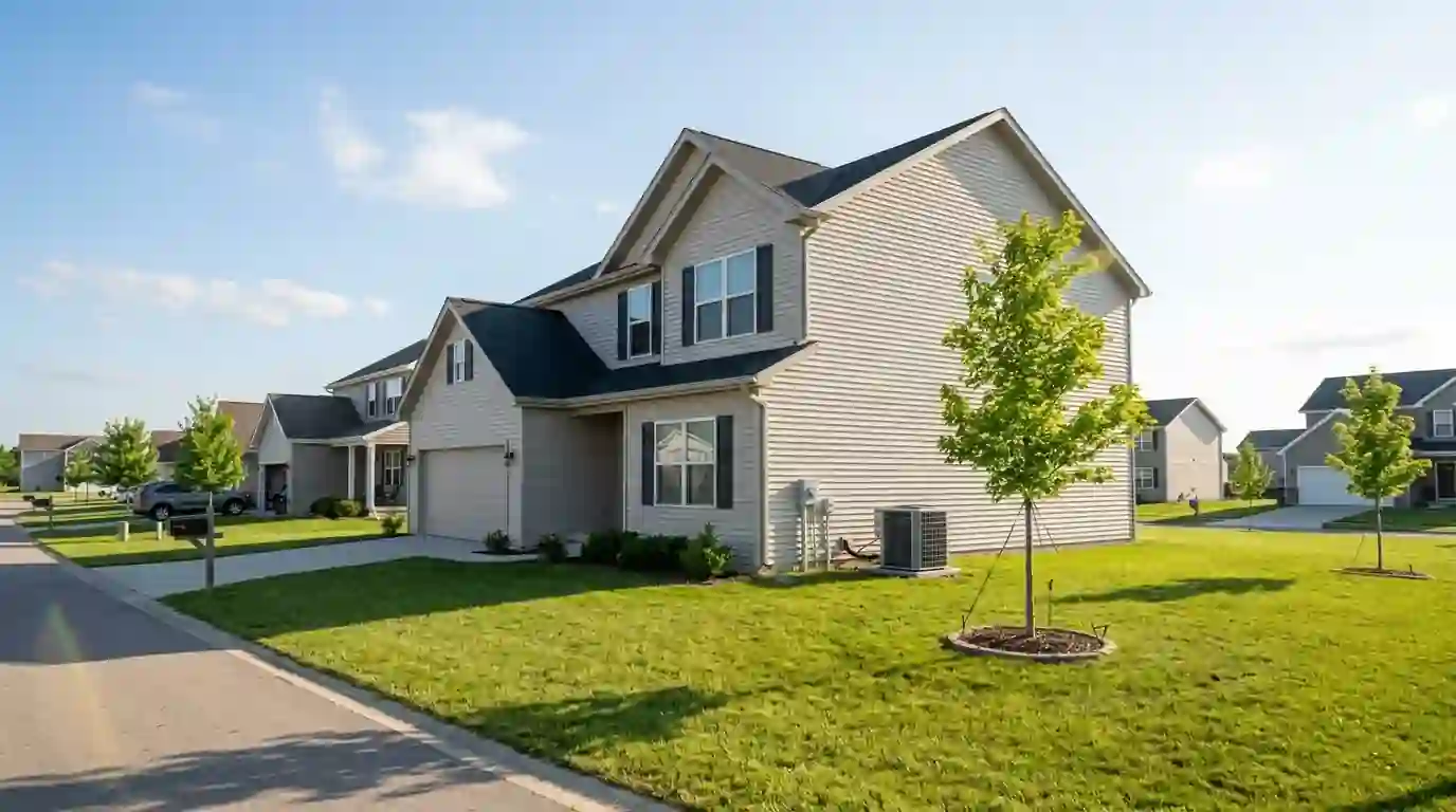 A newer two-story home with vinyl siding and a young maple tree in an Ossian, Indiana subdivision, sunny June afternoon, new condenser beside the house.