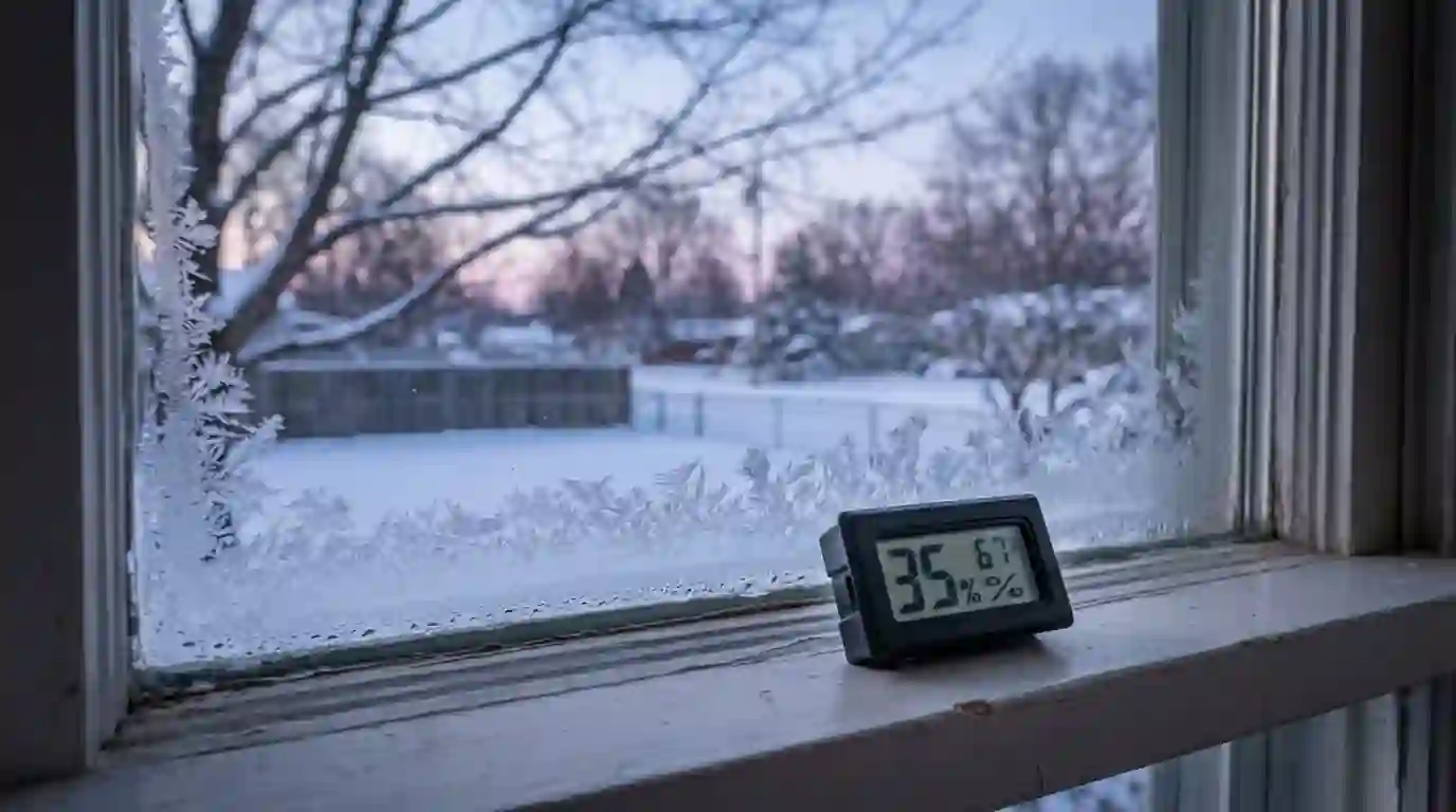 Frost-edged window in a Fort Wayne living room at dawn, small digital humidity meter on the sill, snow-covered yard and bare maple branches outside