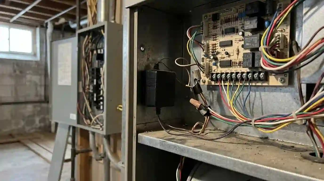 Close view of color-coded thermostat wires and a small power adapter connected at a furnace control board in an Indiana basement